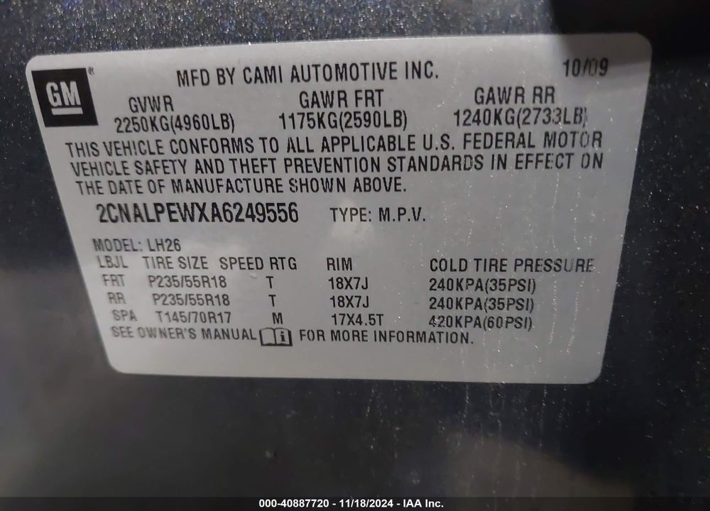 2010 CHEVROLET EQUINOX LT VIN: 2CNALPEWXA6249556