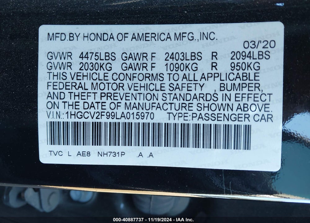 2020 HONDA ACCORD TOURING VIN: 1HGCV2F99LA015970