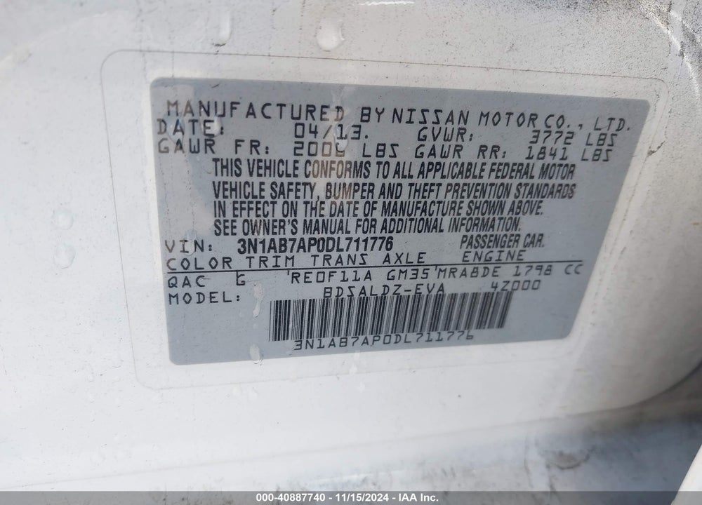 2013 NISSAN SENTRA SV VIN: 3N1AB7AP0DL711776