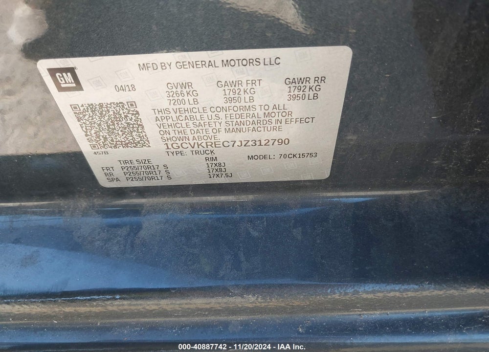2018 CHEVROLET SILVERADO 1500 VIN: 1GCVKREC7JZ312790
