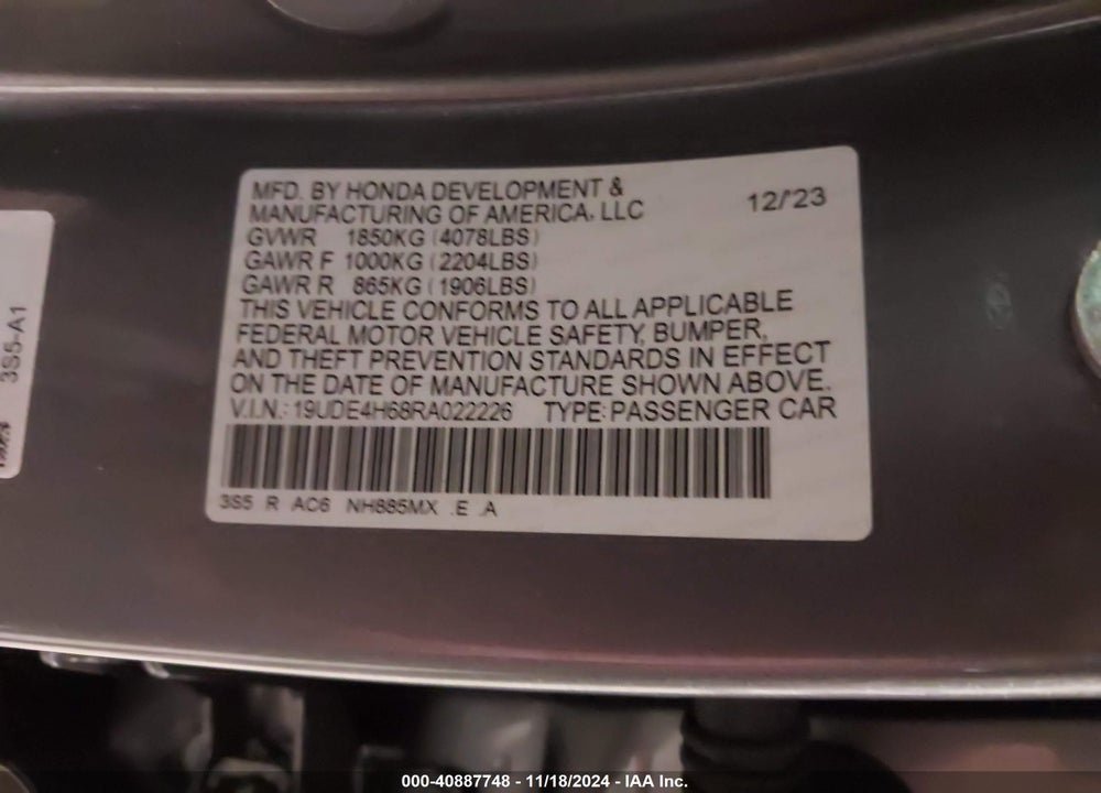 2024 ACURA INTEGRA VIN: 19UDE4H68RA022226