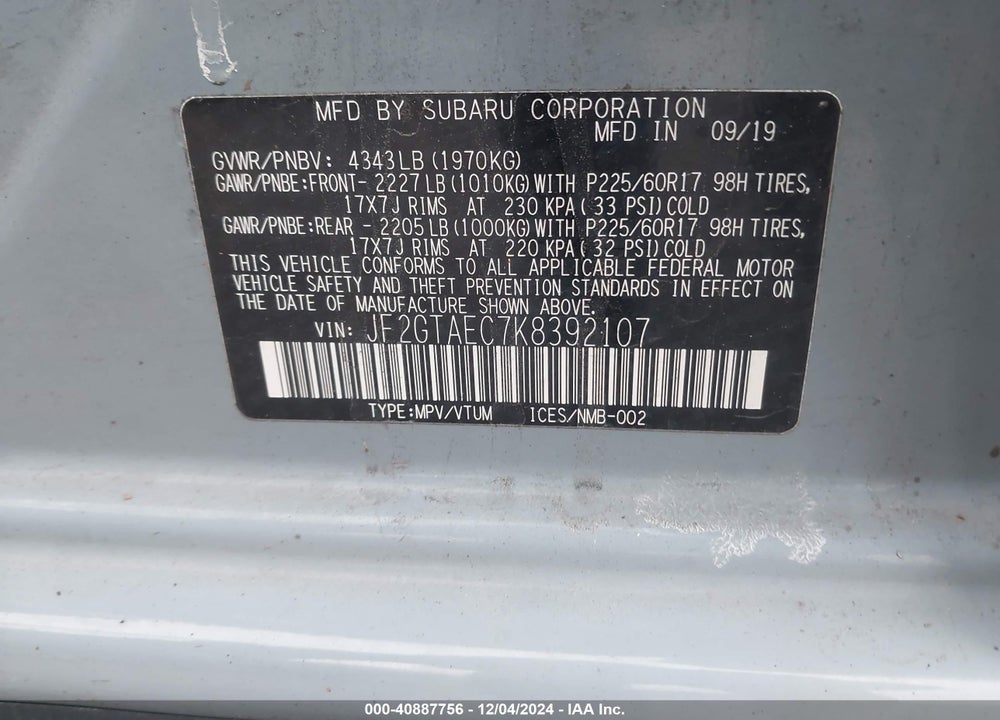 2019 SUBARU CROSSTREK 2.0I PREMIUM VIN: JF2GTAEC7K8392107