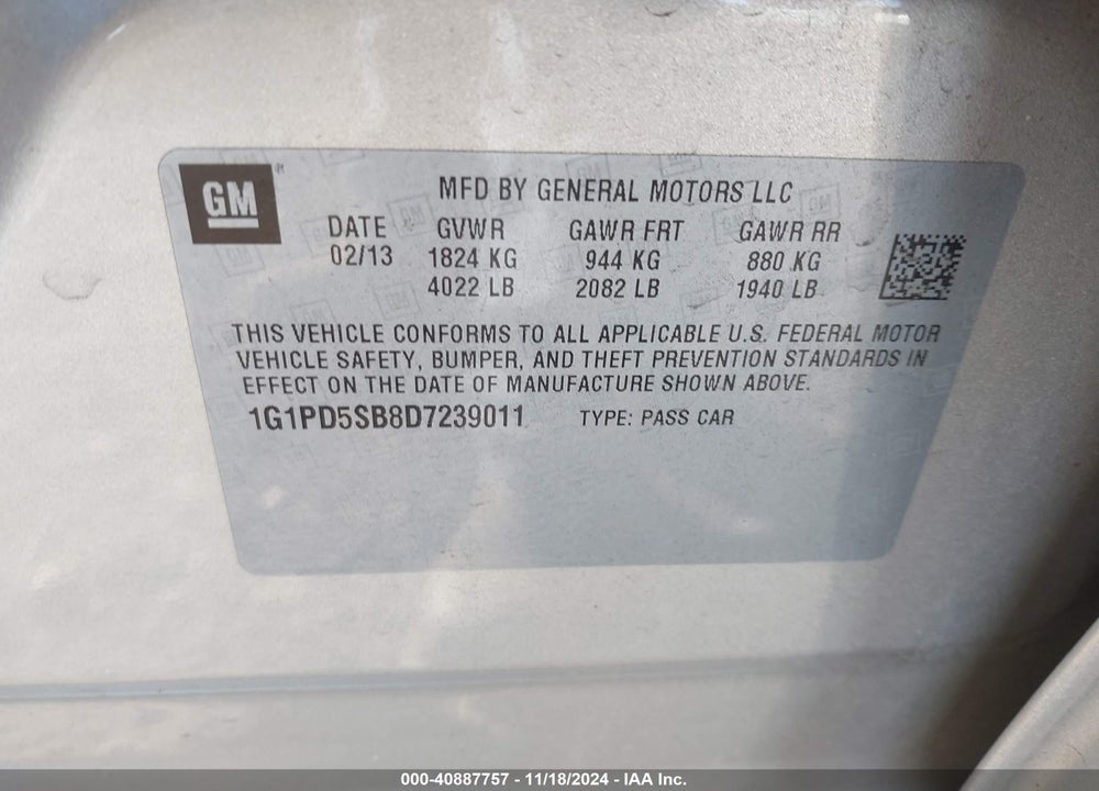 2013 CHEVROLET CRUZE 1LT MANUAL VIN: 1G1PD5SB8D7239011