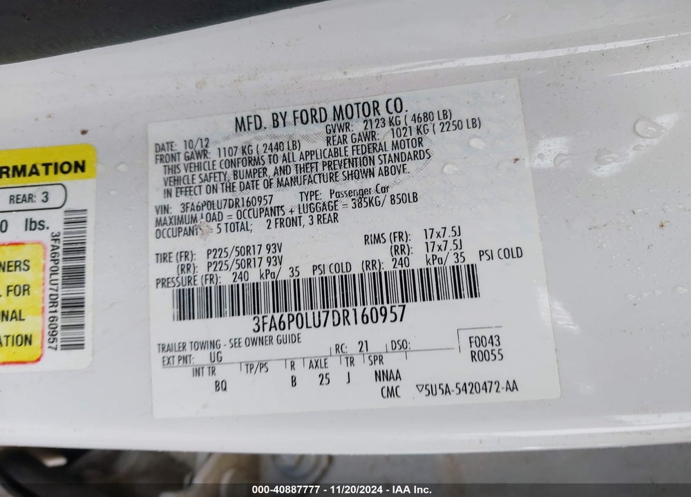 2013 FORD FUSION HYBRID SE VIN: 3FA6P0LU7DR160957