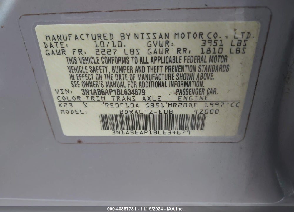 2011 NISSAN SENTRA 2.0S VIN: 3N1AB6AP1BL634679
