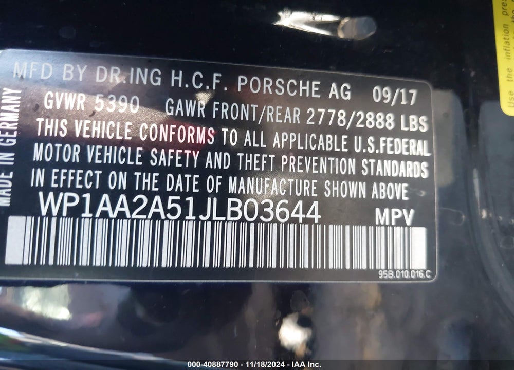 2018 PORSCHE MACAN VIN: WP1AA2A51JLB03644