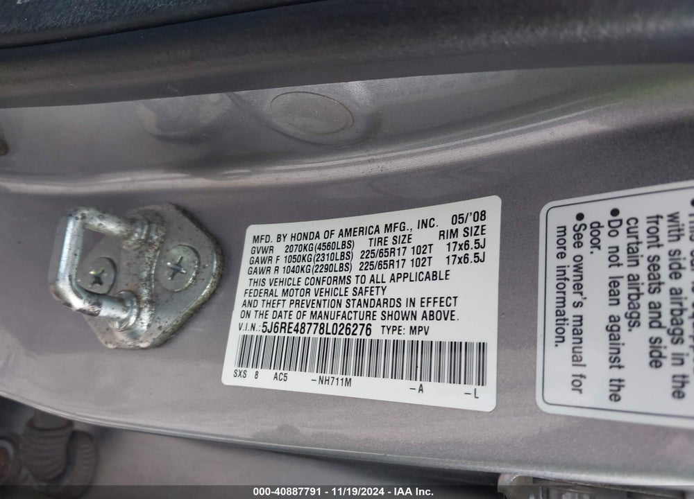 2008 HONDA CR-V EX-L VIN: 5J6RE48778L026276