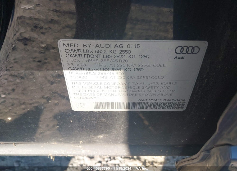 2015 AUDI Q5 3.0T PREMIUM PLUS VIN: WA1WGAFPXFA090464