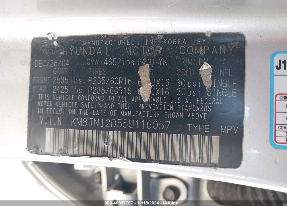 2005 HYUNDAI TUCSON VIN: KM8JN12D55U116057