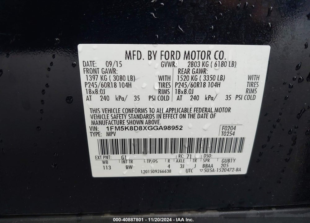 2016 FORD EXPLORER XLT VIN: 1FM5K8D8XGGA98952