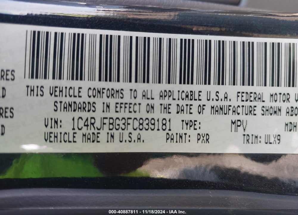 2015 JEEP GRAND CHEROKEE LIMITED VIN: 1C4RJFBG3FC839181