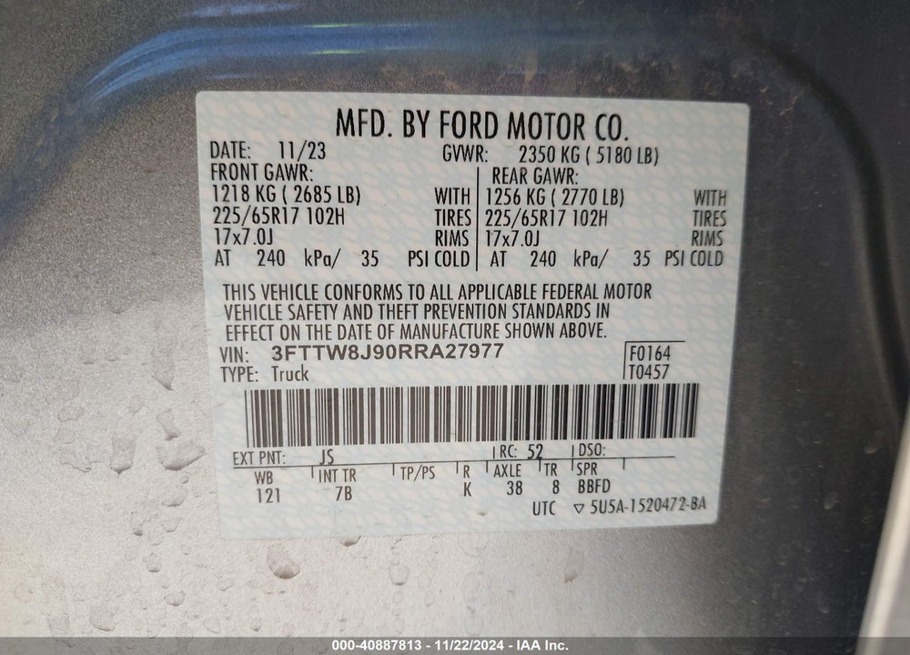 2024 FORD MAVERICK VIN: 3FTTW8J90RRA27977