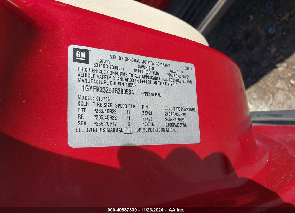 2009 CADILLAC ESCALADE STANDARD VIN: 1GYFK23299R280534