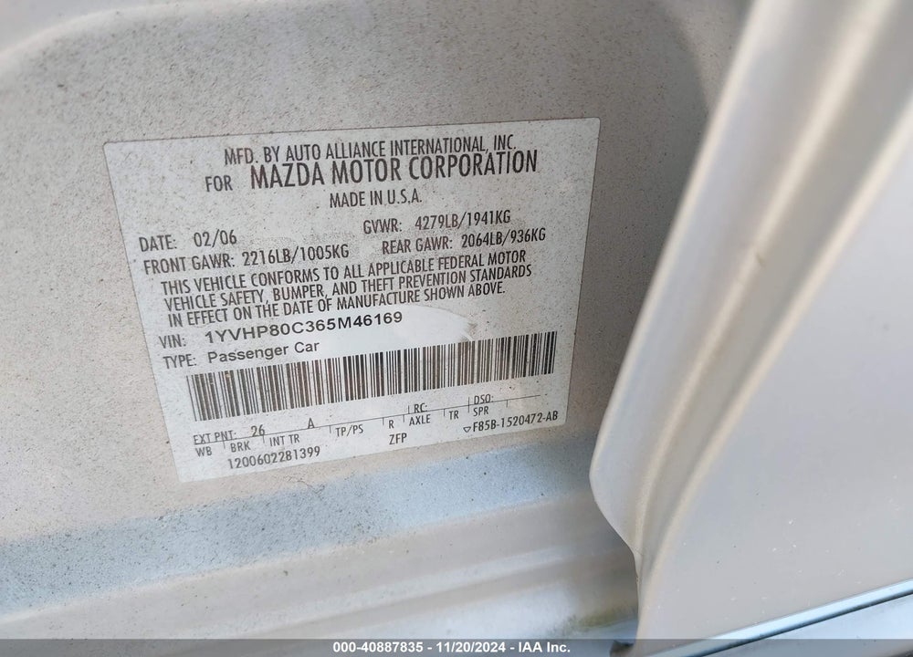 2006 MAZDA 6 I SPORT VIN: 1YVHP80C365M46169