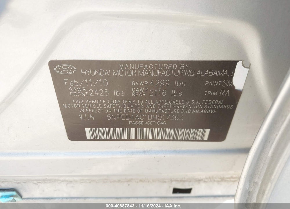 2011 HYUNDAI SONATA GLS VIN: 5NPEB4AC1BH017363