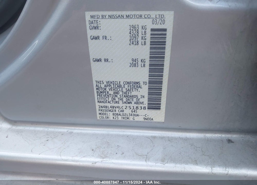 2020 NISSAN ALTIMA S FWD VIN: 1N4BL4BV4LC251838