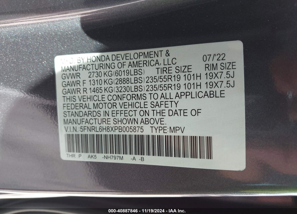 2023 HONDA ODYSSEY TOURING VIN: 5FNRL6H8XPB005875