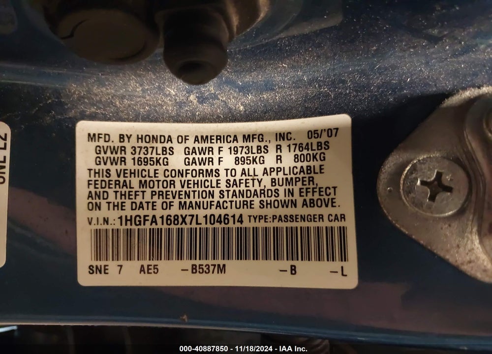 2007 HONDA CIVIC EX VIN: 1HGFA168X7L104614