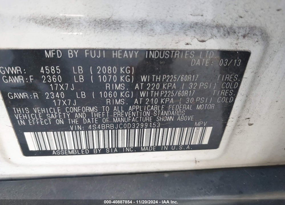 2013 SUBARU OUTBACK 2.5I LIMITED VIN: 4S4BRBJC0D3299153