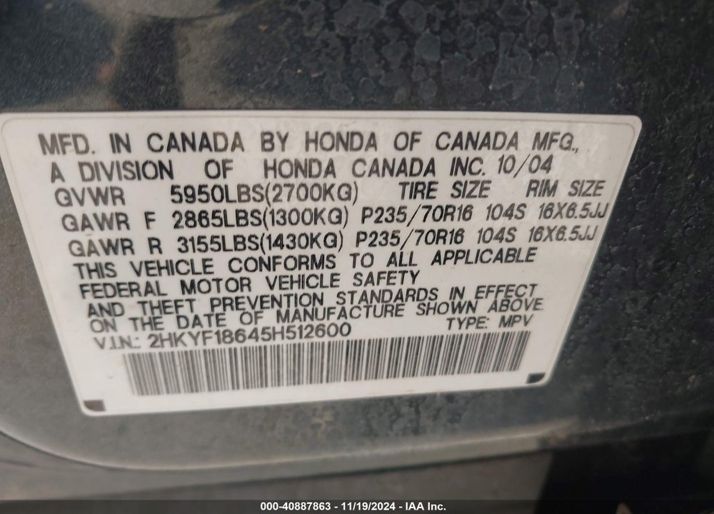 2005 HONDA PILOT EX-L VIN: 2HKYF18645H512600