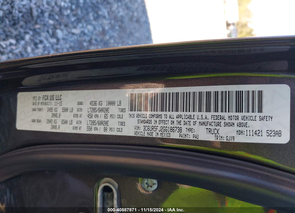2016 RAM 2500 LAIE VIN: 3C6UR5FJ2GG186738