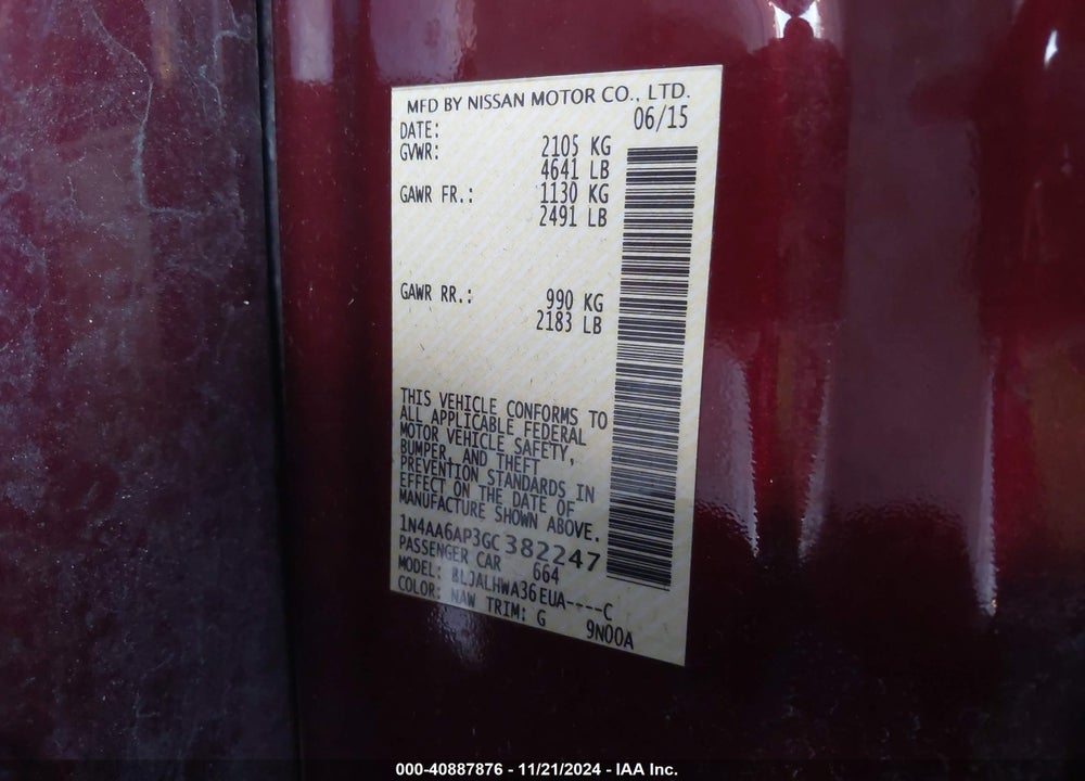 2016 NISSAN MAXIMA 3.5 PLATINUM VIN: 1N4AA6AP3GC382247