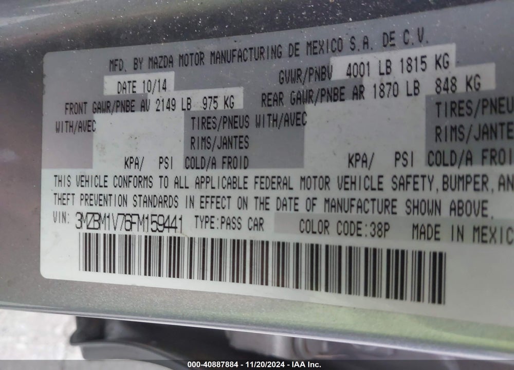 2015 MAZDA 3 I TOURING VIN: 3MZBM1V76FM159441