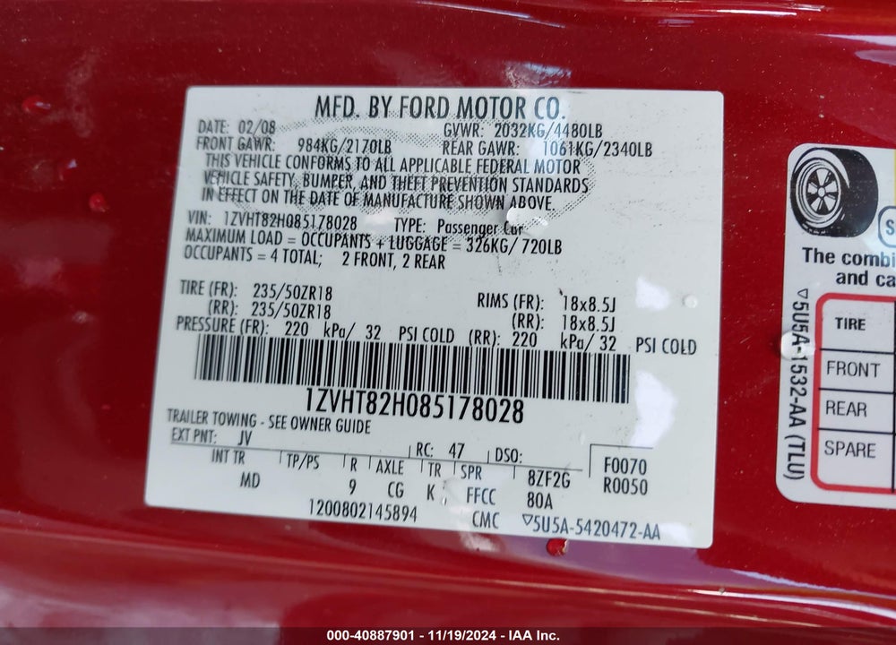 2008 FORD MUSTANG VIN: 1ZVHT82H085178028