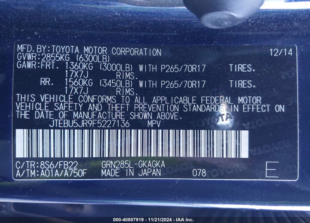 2015 TOYOTA 4RUNNER SR5 VIN: JTEBU5JR9F5227136