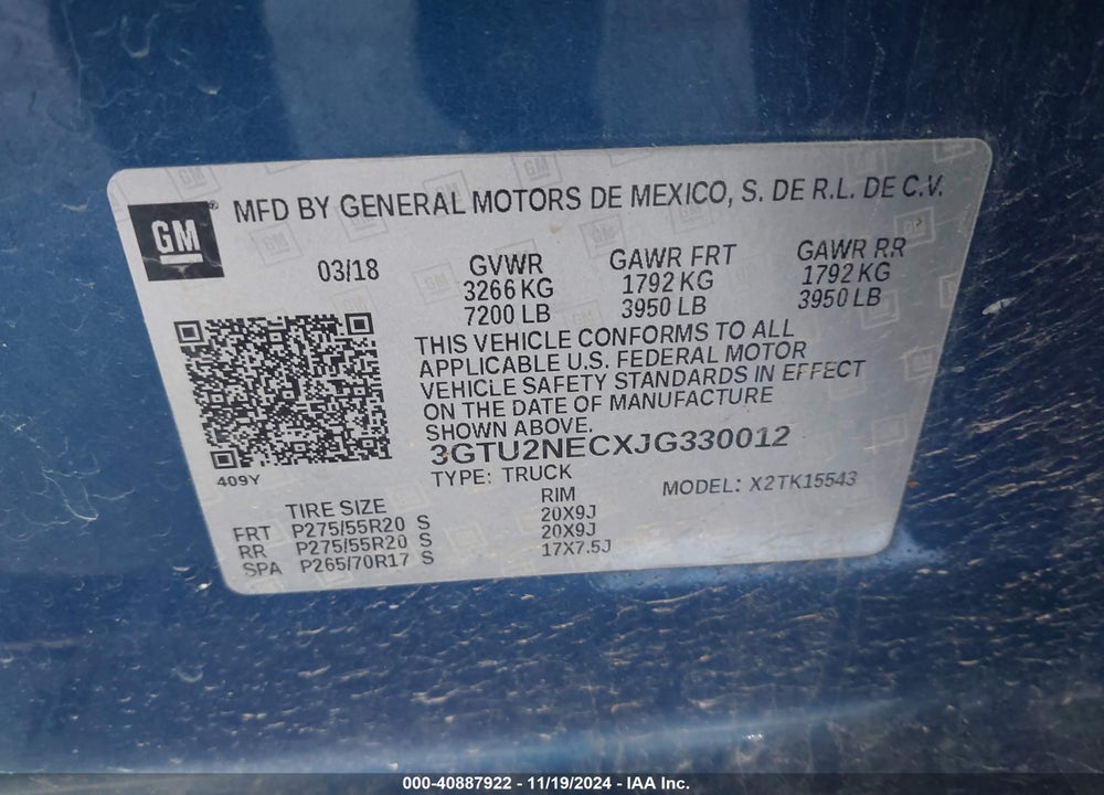 2018 GMC SIERRA 1500 VIN: 3GTU2NECXJG330012