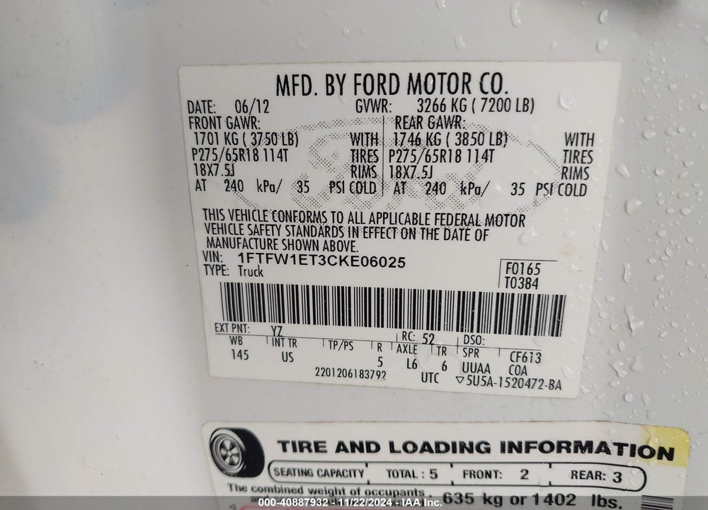 2012 FORD F-150 XLT VIN: 1FTFW1ET3CKE06025