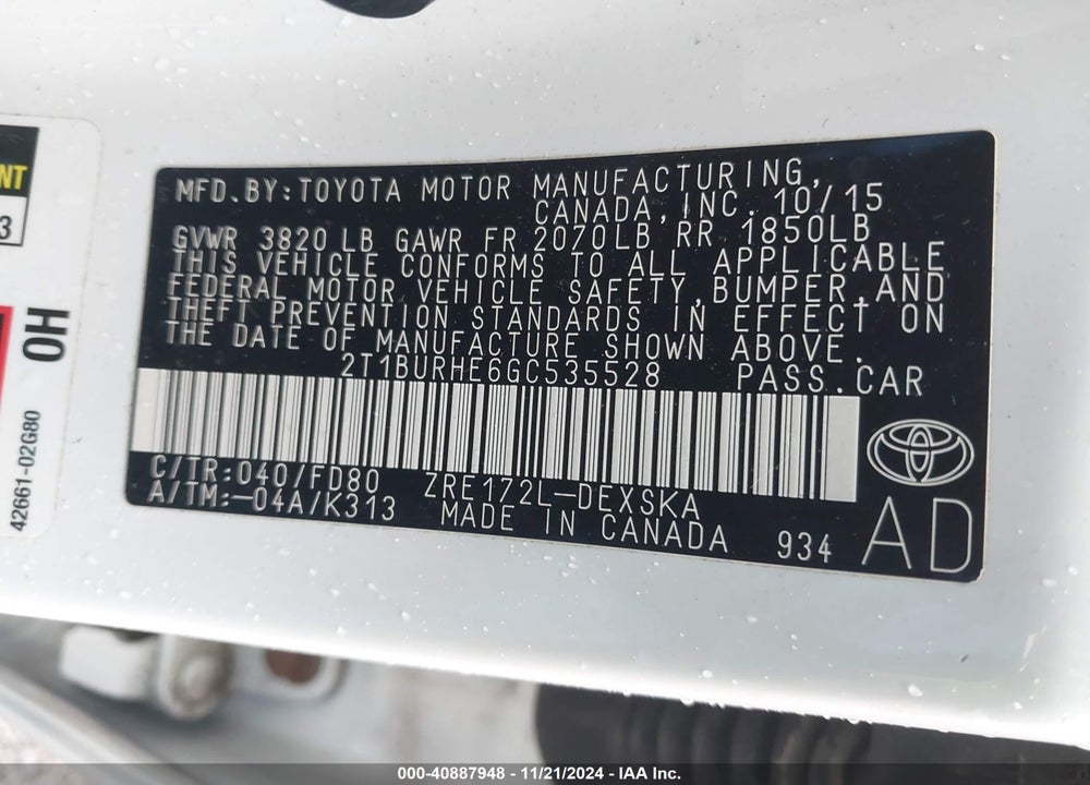 2016 TOYOTA COROLLA S PLUS VIN: 2T1BURHE6GC535528