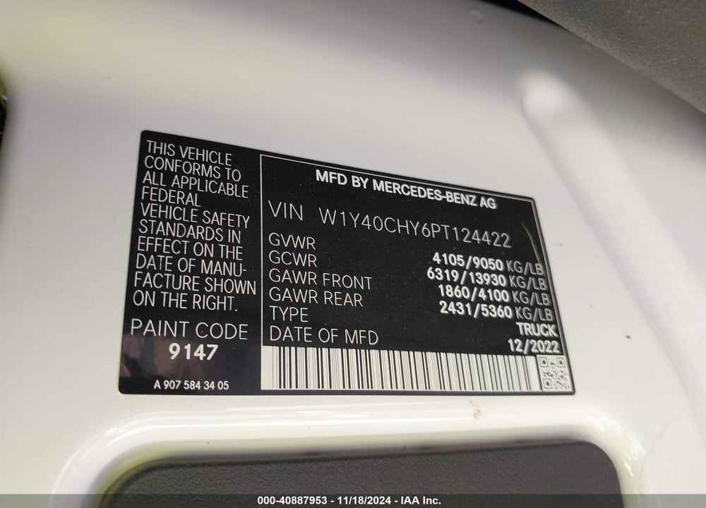 2023 MERCEDES-BENZ SPRINTER 2500 HIGH ROOF 4-CYL GAS VIN: W1Y40CHY6PT124422