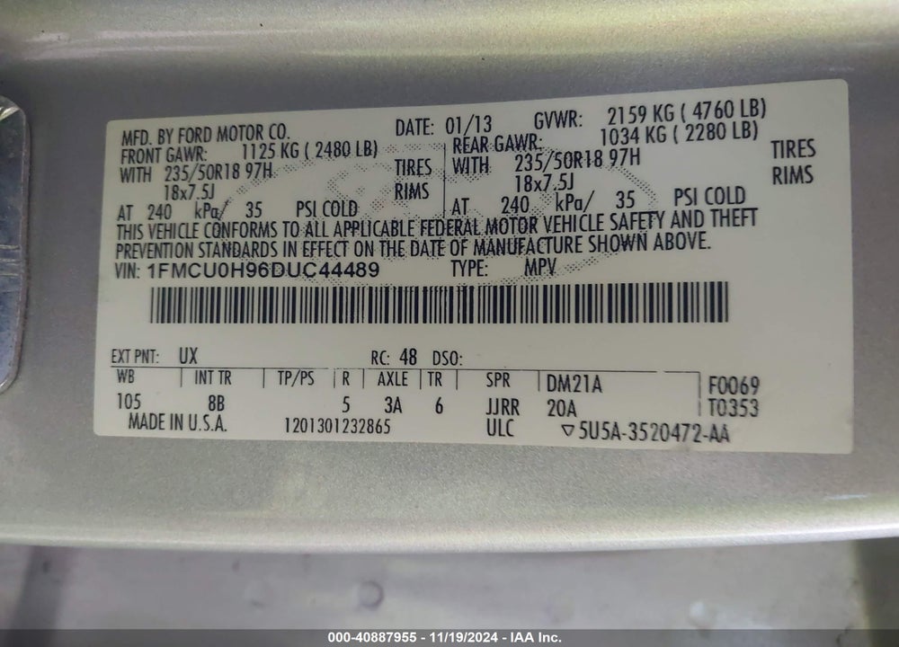 2013 FORD ESCAPE SEL VIN: 1FMCU0H96DUC44489
