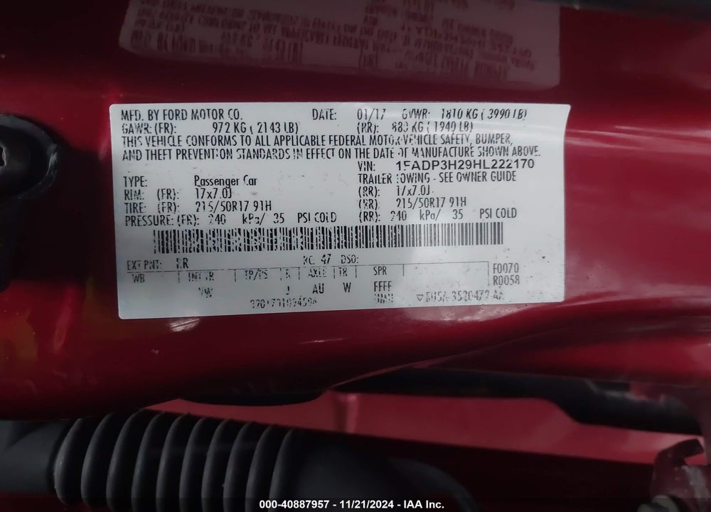 2017 FORD FOCUS SEL VIN: 1FADP3H29HL222170