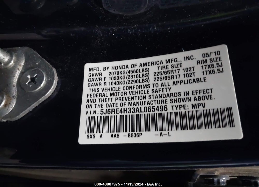 2010 HONDA CR-V LX VIN: 5J6RE4H33AL065496