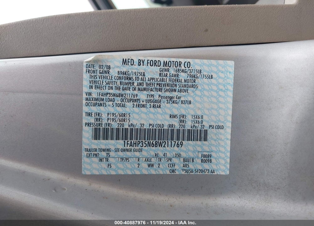 2008 FORD FOCUS SE/SES VIN: 1FAHP35N68W211769