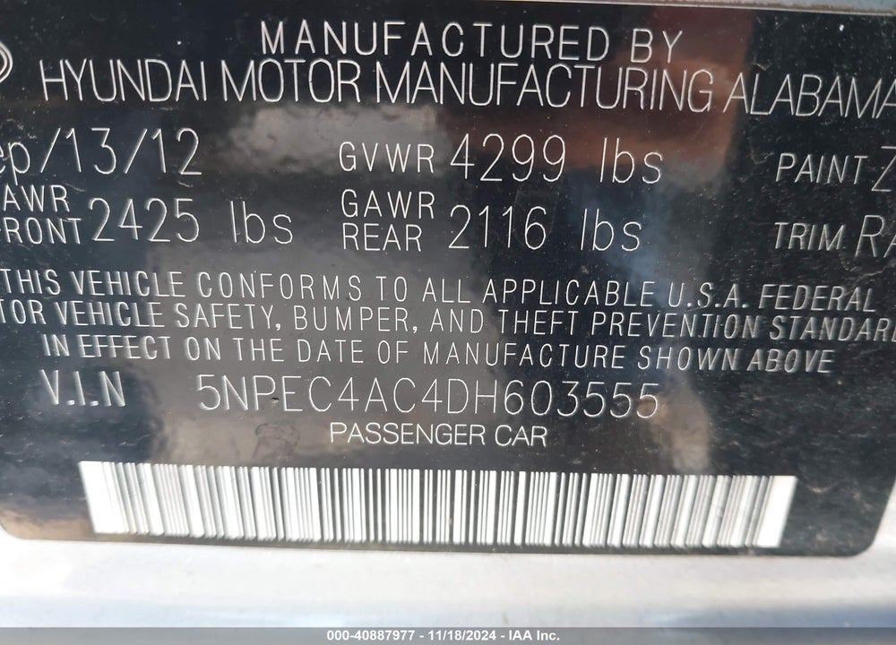 2013 HYUNDAI SONATA LIMITED VIN: 5NPEC4AC4DH603555