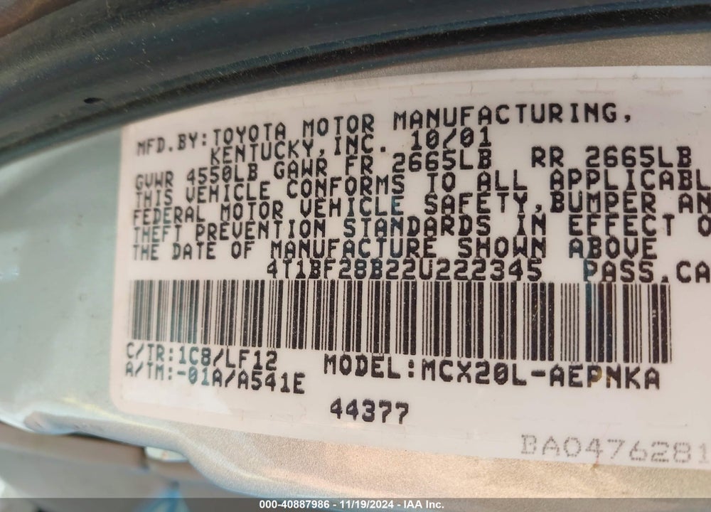 2002 TOYOTA AVALON XL VIN: 4T1BF28B22U222345
