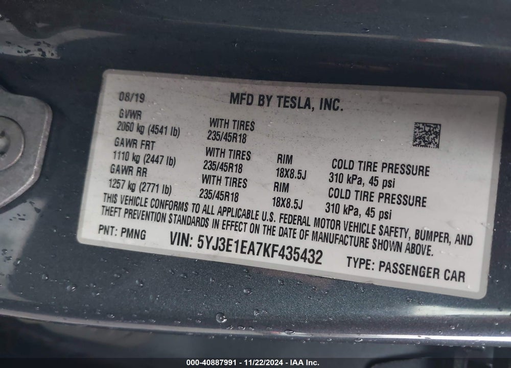 2019 TESLA MODEL 3 LONG RANGE/MID RANGE/STANDARD RANGE/STANDARD RANGE PLUS VIN: 5YJ3E1EA7KF435432