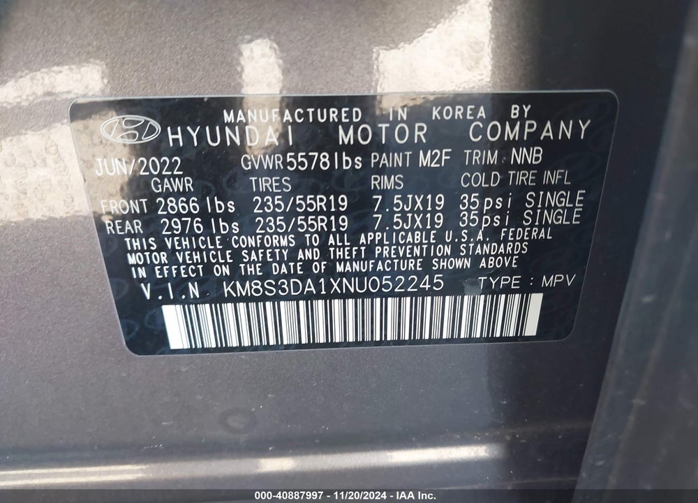 2022 HYUNDAI SANTA FE HYBRID SEL PREMIUM VIN: KM8S3DA1XNU052245