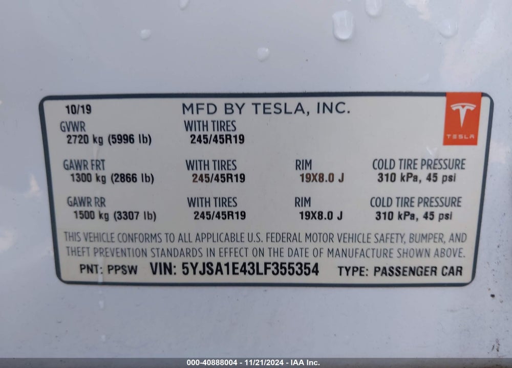 2020 TESLA MODEL S VIN: 5YJSA1E43LF355354