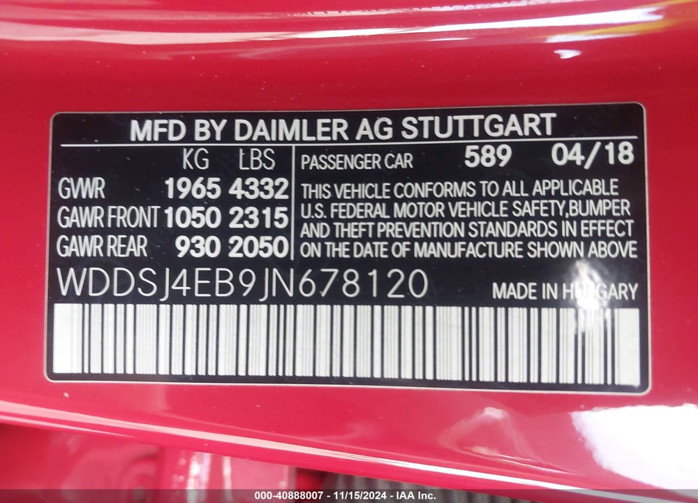 2018 MERCEDES-BENZ CLA 250 VIN: WDDSJ4EB9JN678120