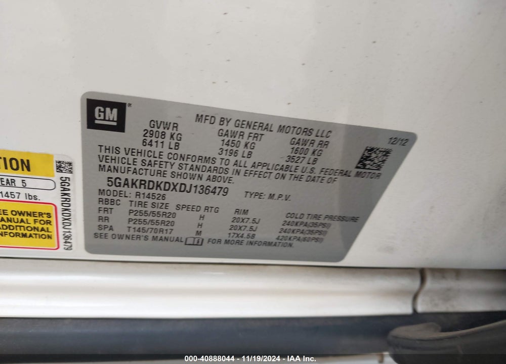 2013 BUICK ENCLAVE VIN: 5GAKRDKDXDJ136479
