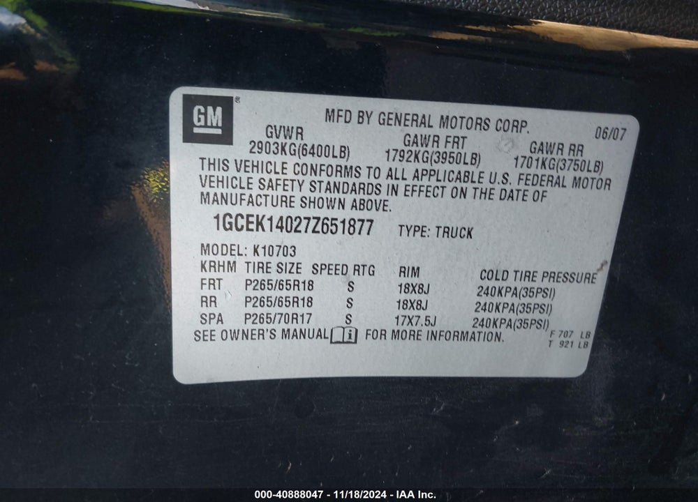 2007 CHEVROLET SILVERADO 1500 LT1 VIN: 1GCEK14027Z651877