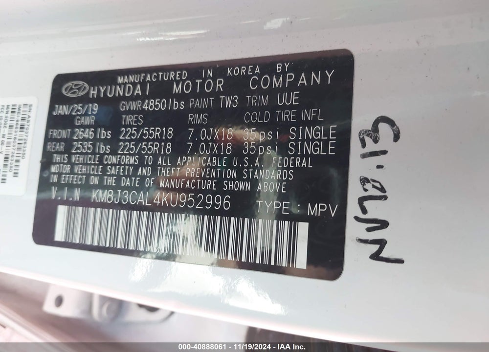 2019 HYUNDAI TUCSON SEL VIN: KM8J3CAL4KU952996