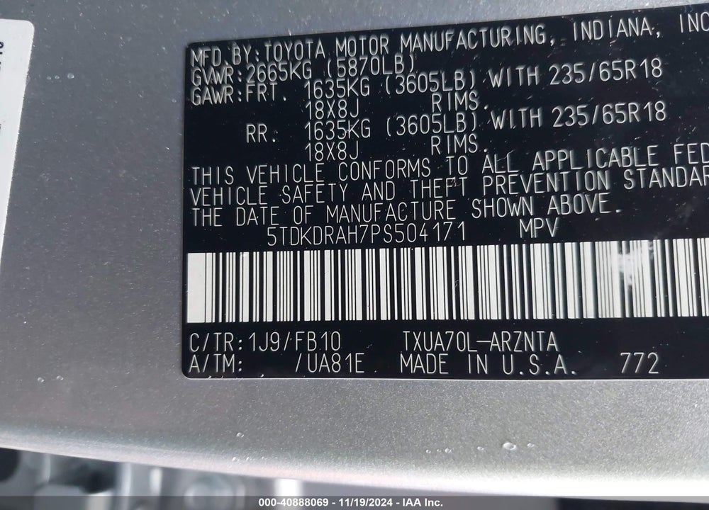 2023 TOYOTA HIGHLANDER LE VIN: 5TDKDRAH7PS504171