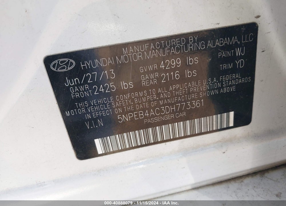 2013 HYUNDAI SONATA GLS VIN: 5NPEB4AC3DH773361