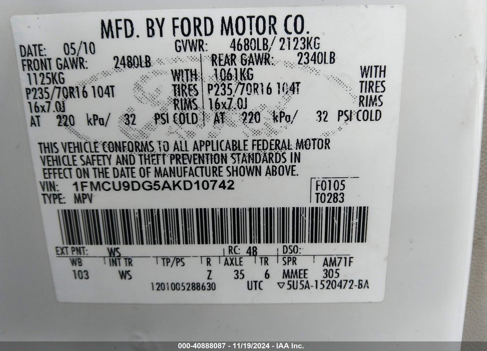 2010 FORD ESCAPE XLT VIN: 1FMCU9DG5AKD10742