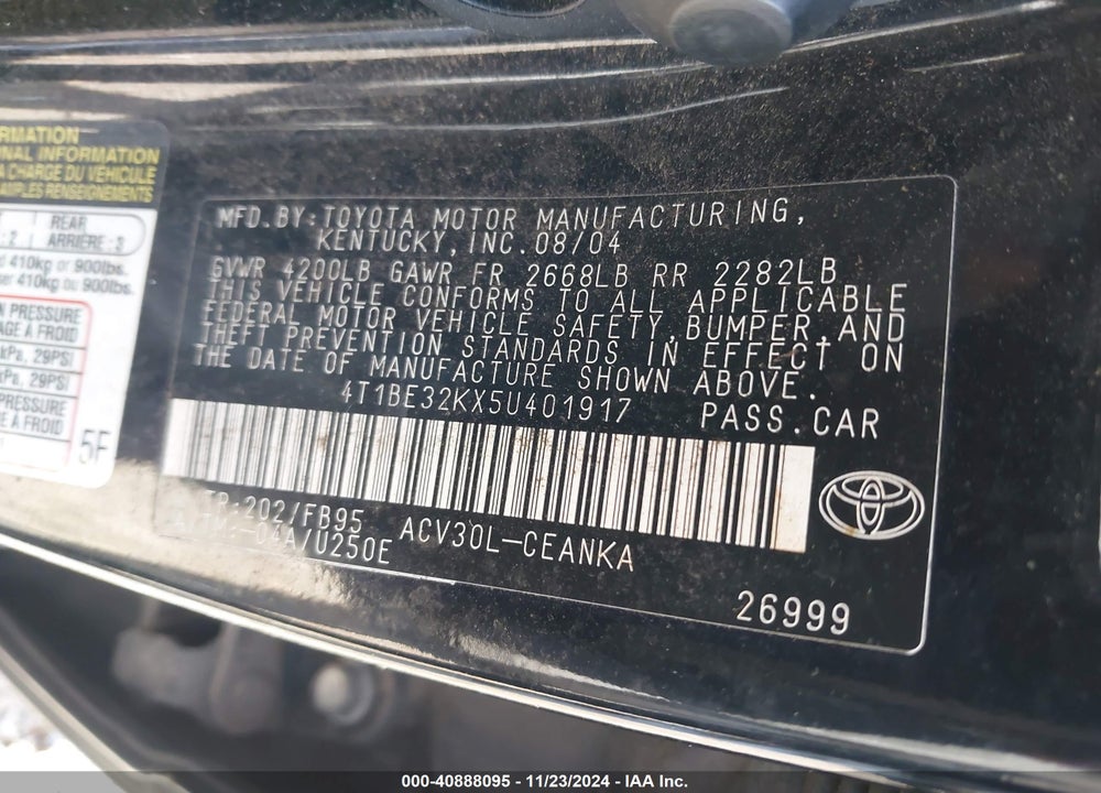 2005 TOYOTA CAMRY LE VIN: 4T1BE32KX5U401917